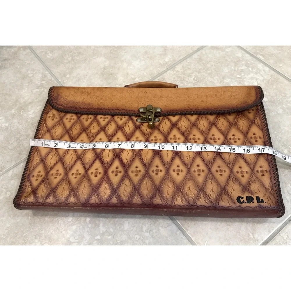 VTG Handmade Embossed Leather Portfolio Organizer Document Bag Layer Attaché